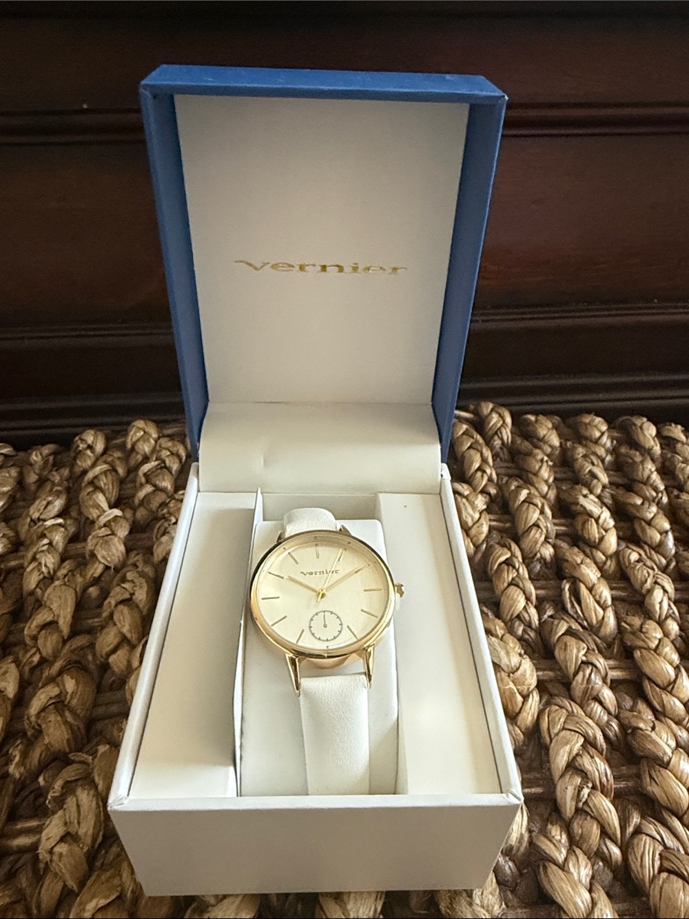 Vernier White Leather Strap Gold Dial Women's Watch